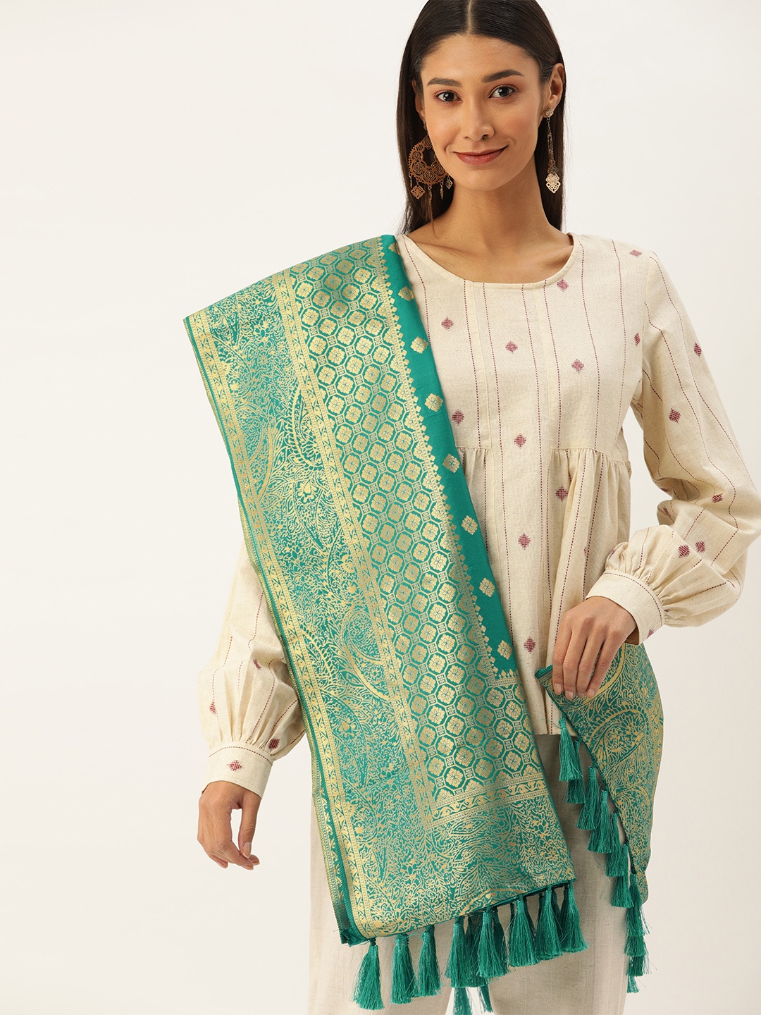 

VASTRANAND Teal & Gold-Toned Woven Design Dupatta