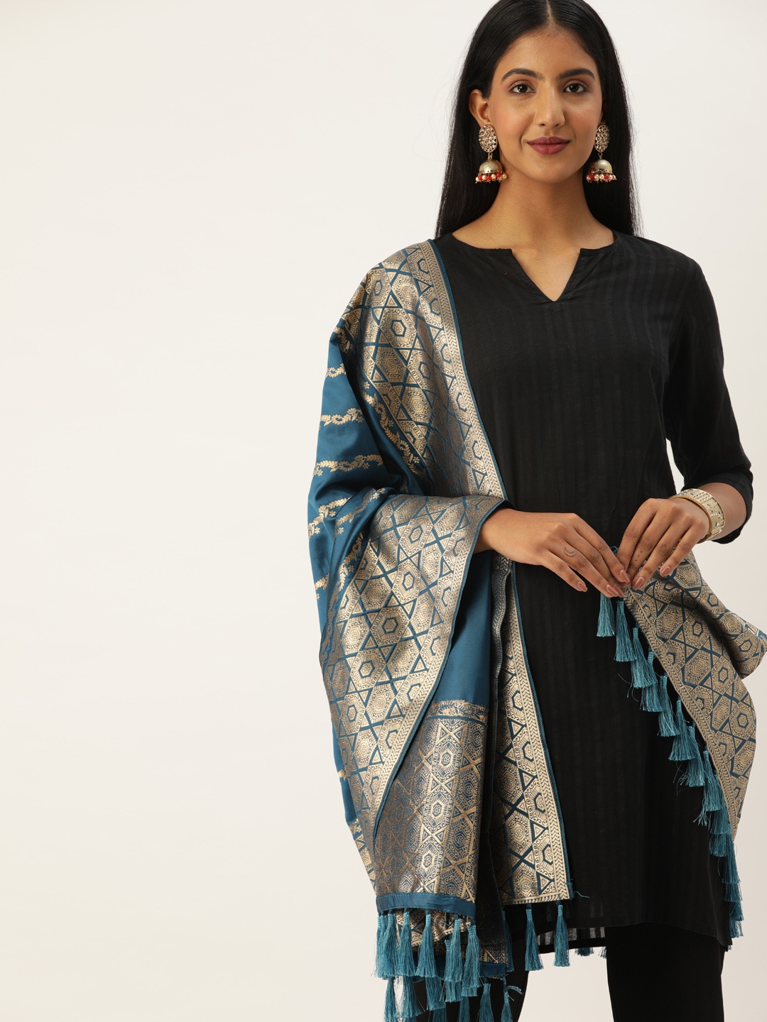 

VASTRANAND Teal Blue & Golden Woven Design Dupatta