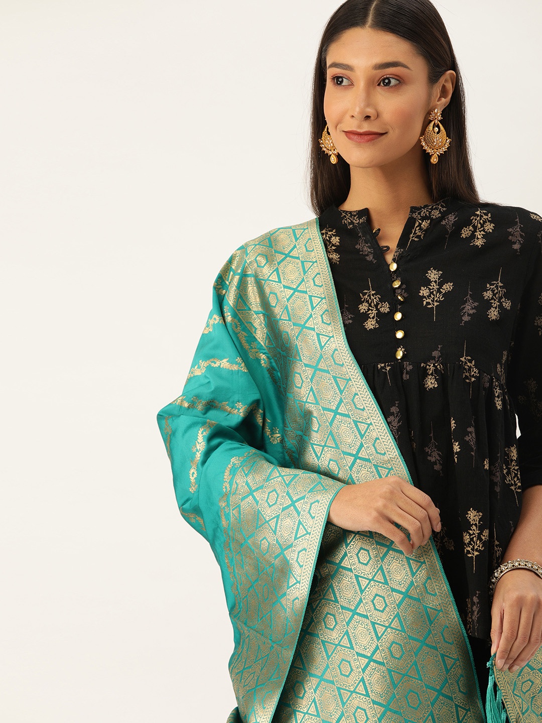 

VASTRANAND Teal Green & Golden Woven Design Dupatta