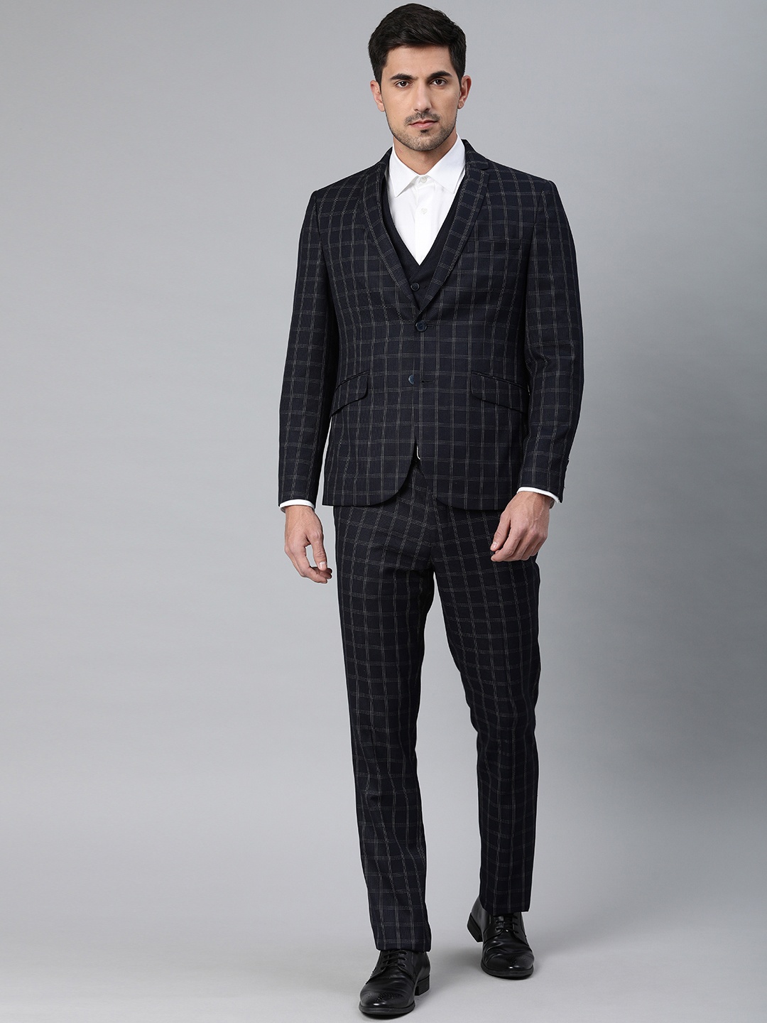 

V Dot by Van Heusen Men Navy Blue and White Checked Super Slim Fit Three Piece Suit