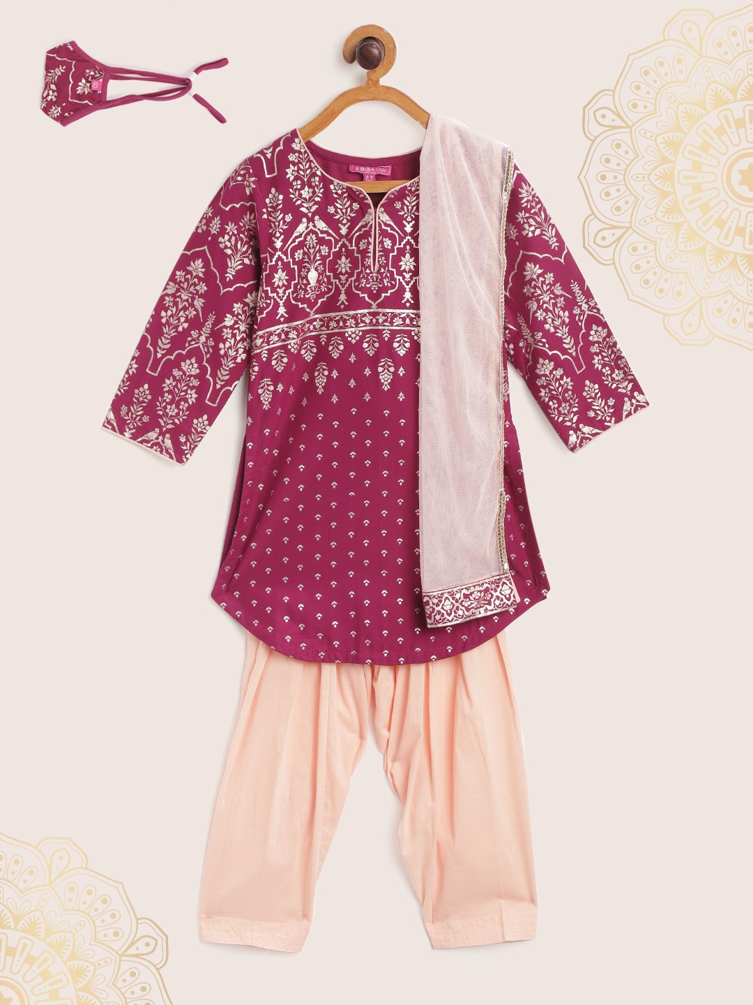 

Biba Girls Magenta Ethnic Motifs Printed Regular Pure Cotton Kurta with Salwar & Dupatta