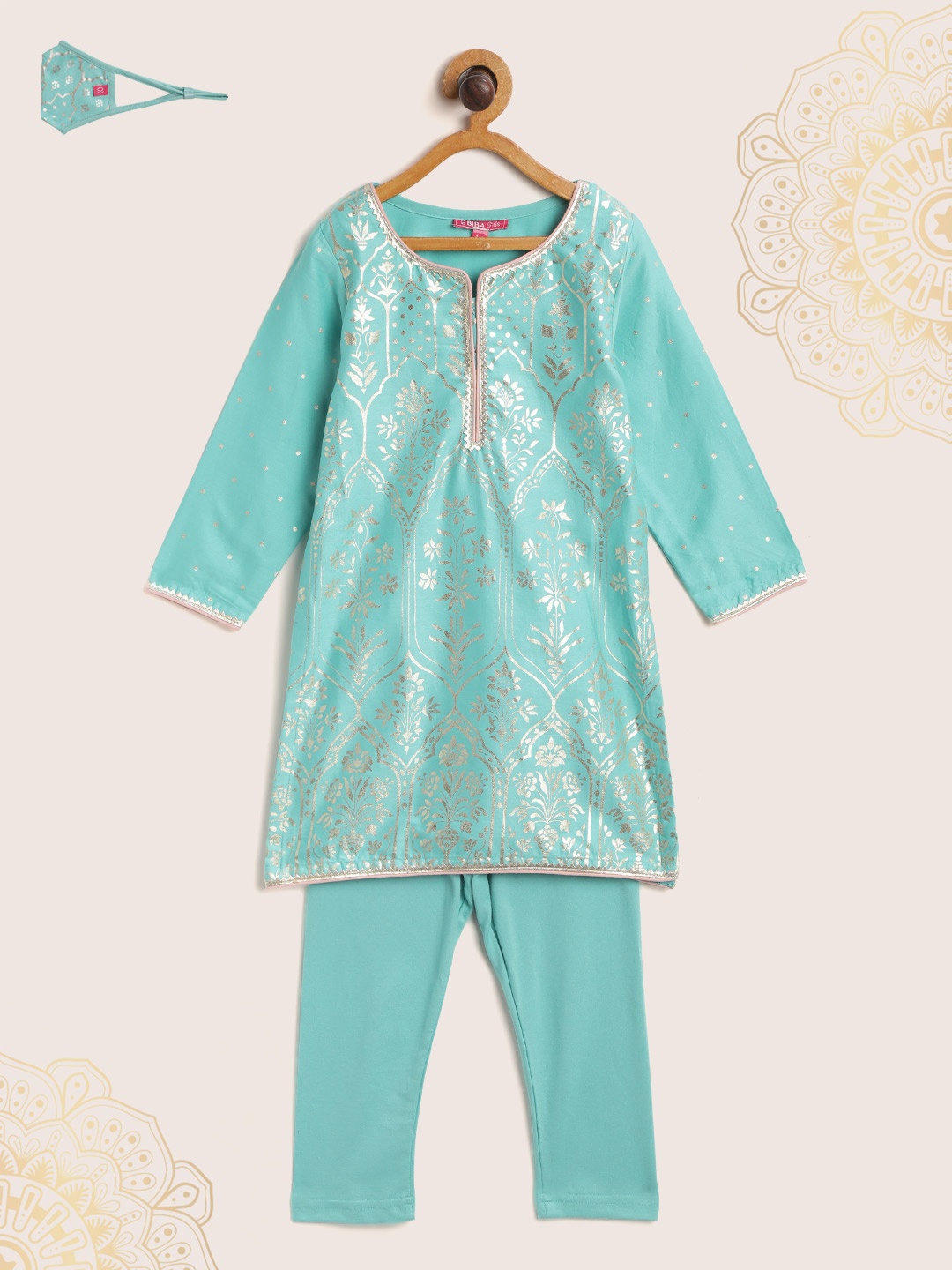 

Biba Girls Turquoise Blue Ethnic Motifs Printed Regular Pure Cotton Kurta with Churidar