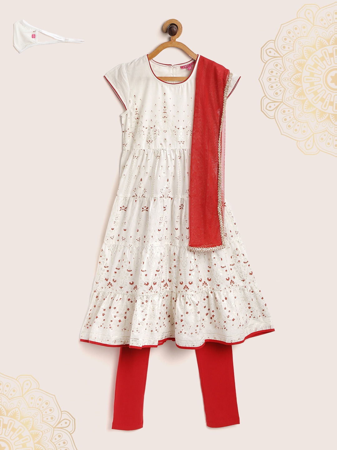 

Biba Girls Off White Ethnic Motifs Print Tiered Pure Cotton Kurta with Churidar & Dupatta