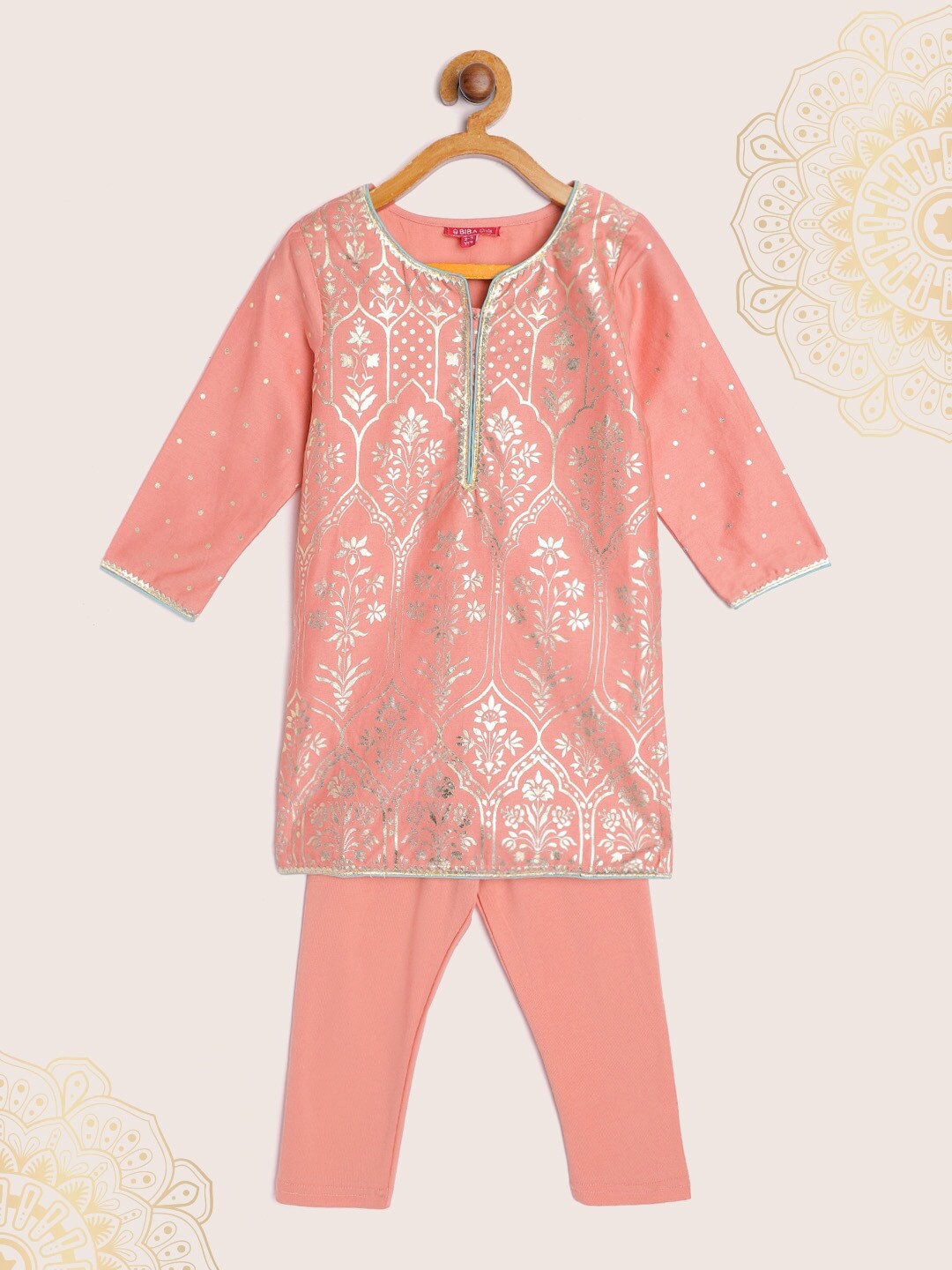 

Biba Girls Peach-Coloured & Golden Ethnic Motifs Printed Pure Cotton Kurta with Churidar