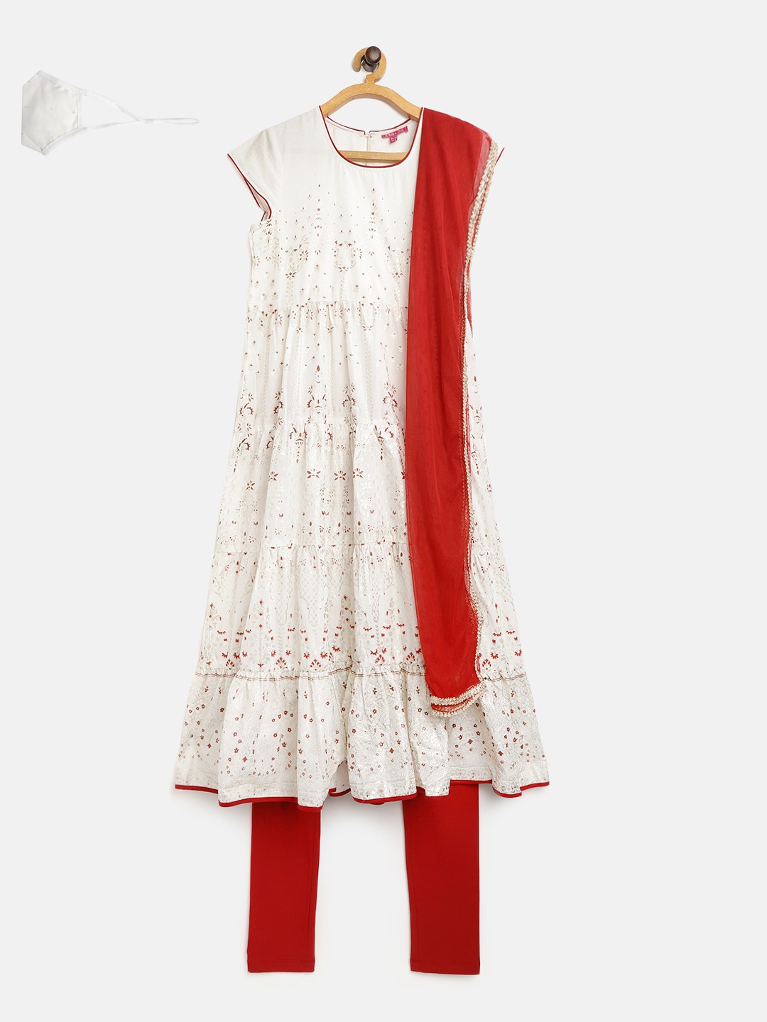 

Biba Girls Off-White Golden Ethnic Printed Tiered Kurta Set