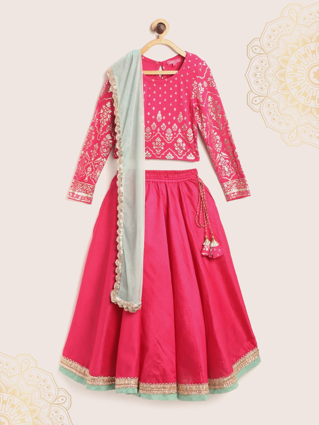 

Biba Girls Pink & Golden Ethnic Foil Print Ready to Wear Lehenga & Blouse with Dupatta