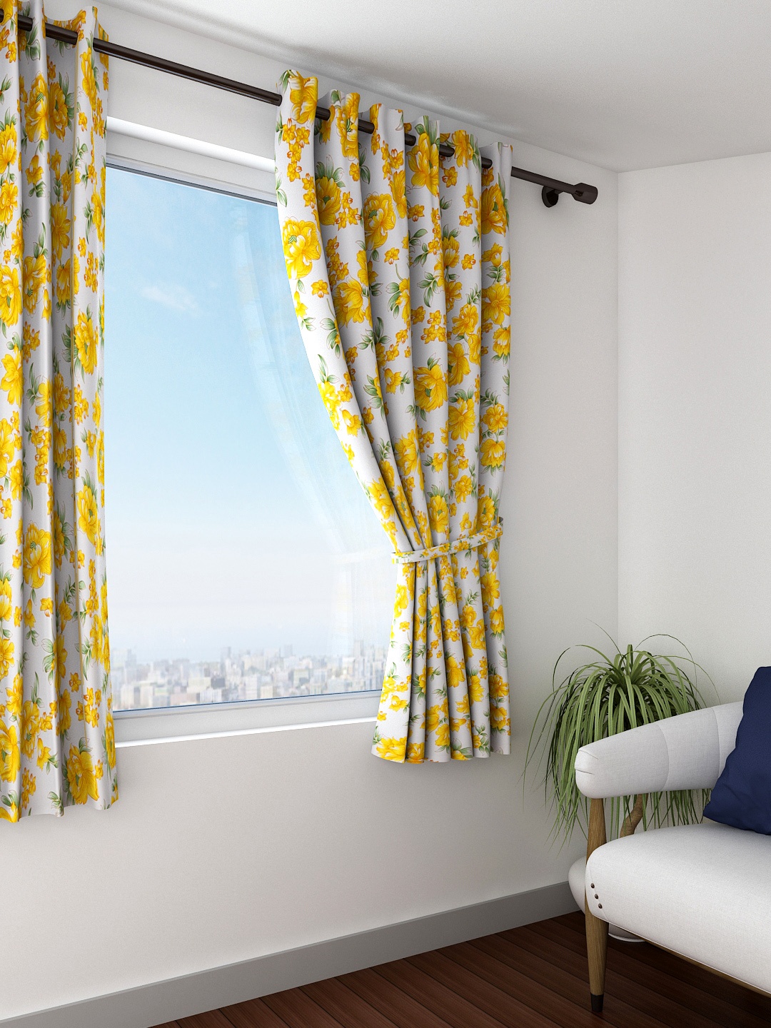 

SWAYAM Sigma White & Yellow Single Floral Print Blackout Window Curtain