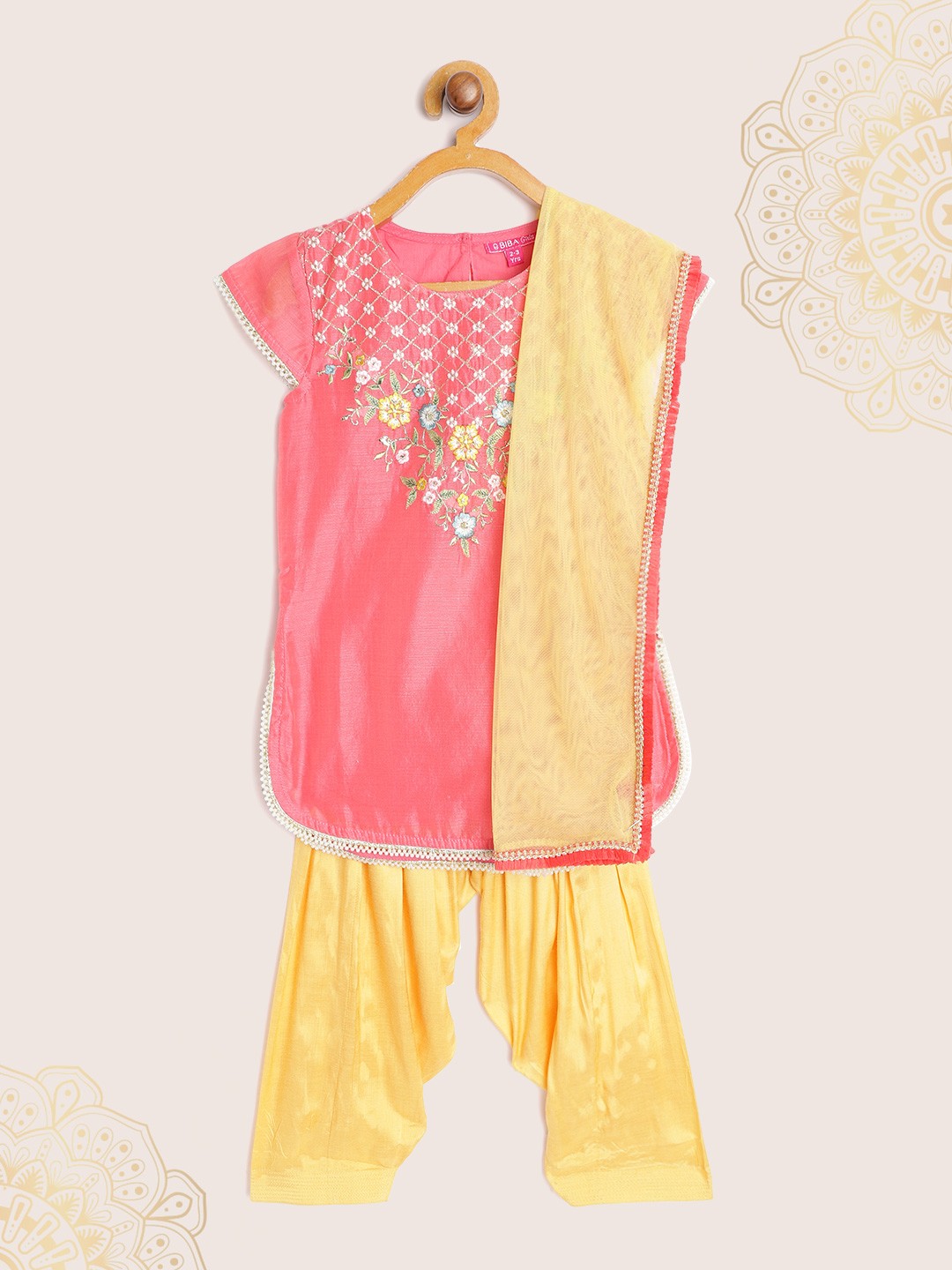 

Biba Girls Coral Pink & Yellow Floral Yoke Design Embroidered Kurta with Salwar & Dupatta