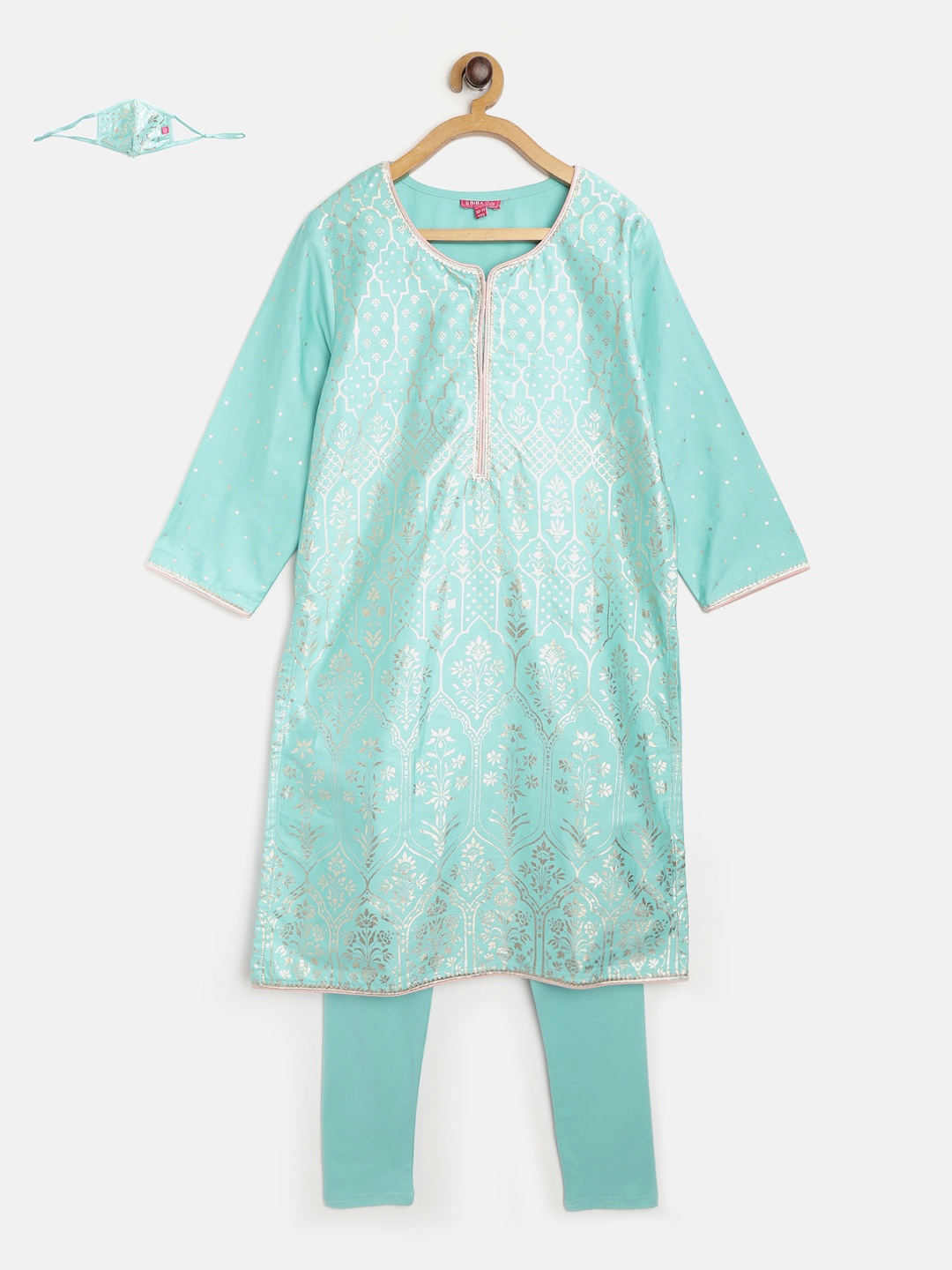 

Biba Girls Turquoise Blue Golden Ethnic Pure Cotton Kurta with Churidar