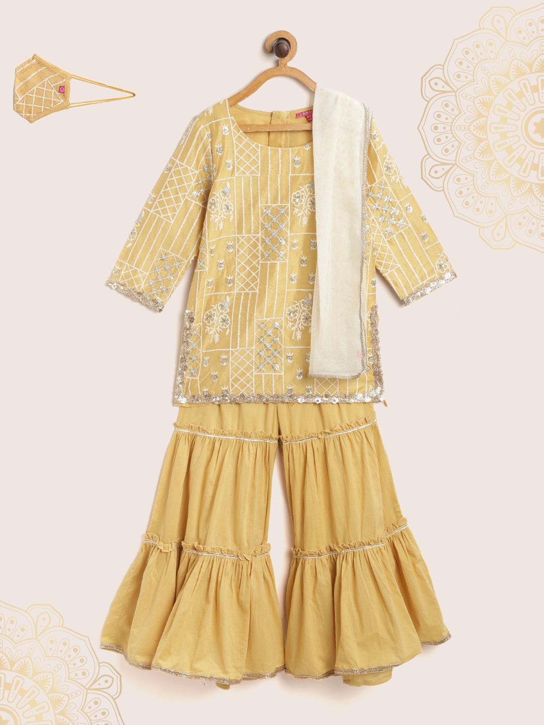 

Biba Girls Beige Ethnic Motifs Embroidered Regular Kurta with Sharara & Dupatta
