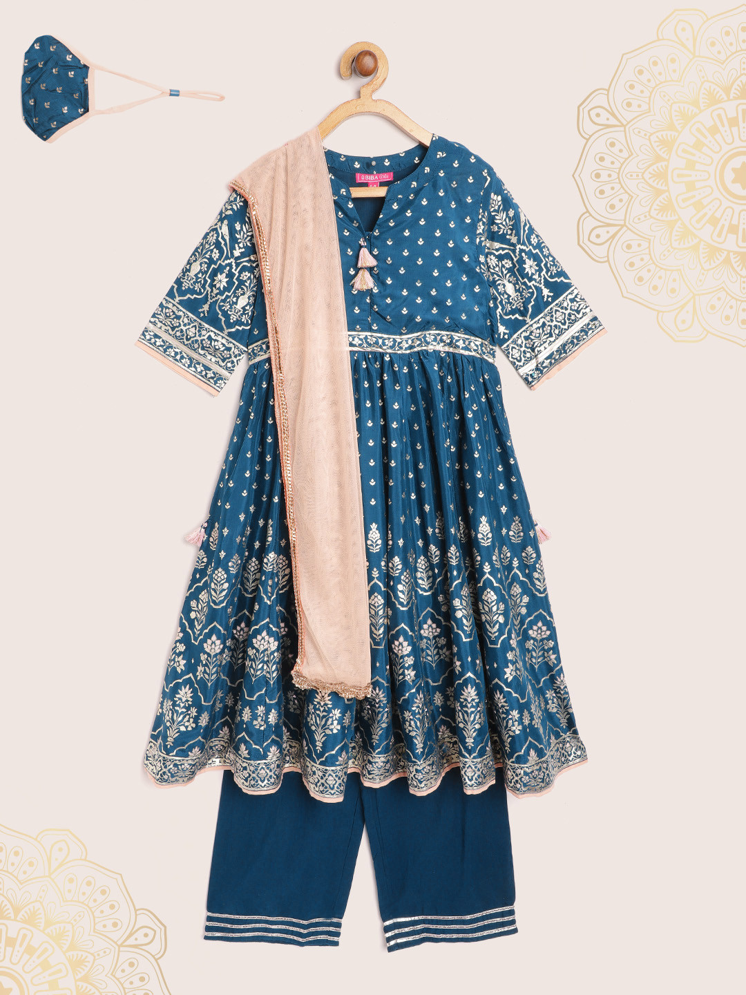 

Biba Girls Teal Blue Ethnic Motifs Print Gotta Patti Kurta with Palazzos & Dupatta