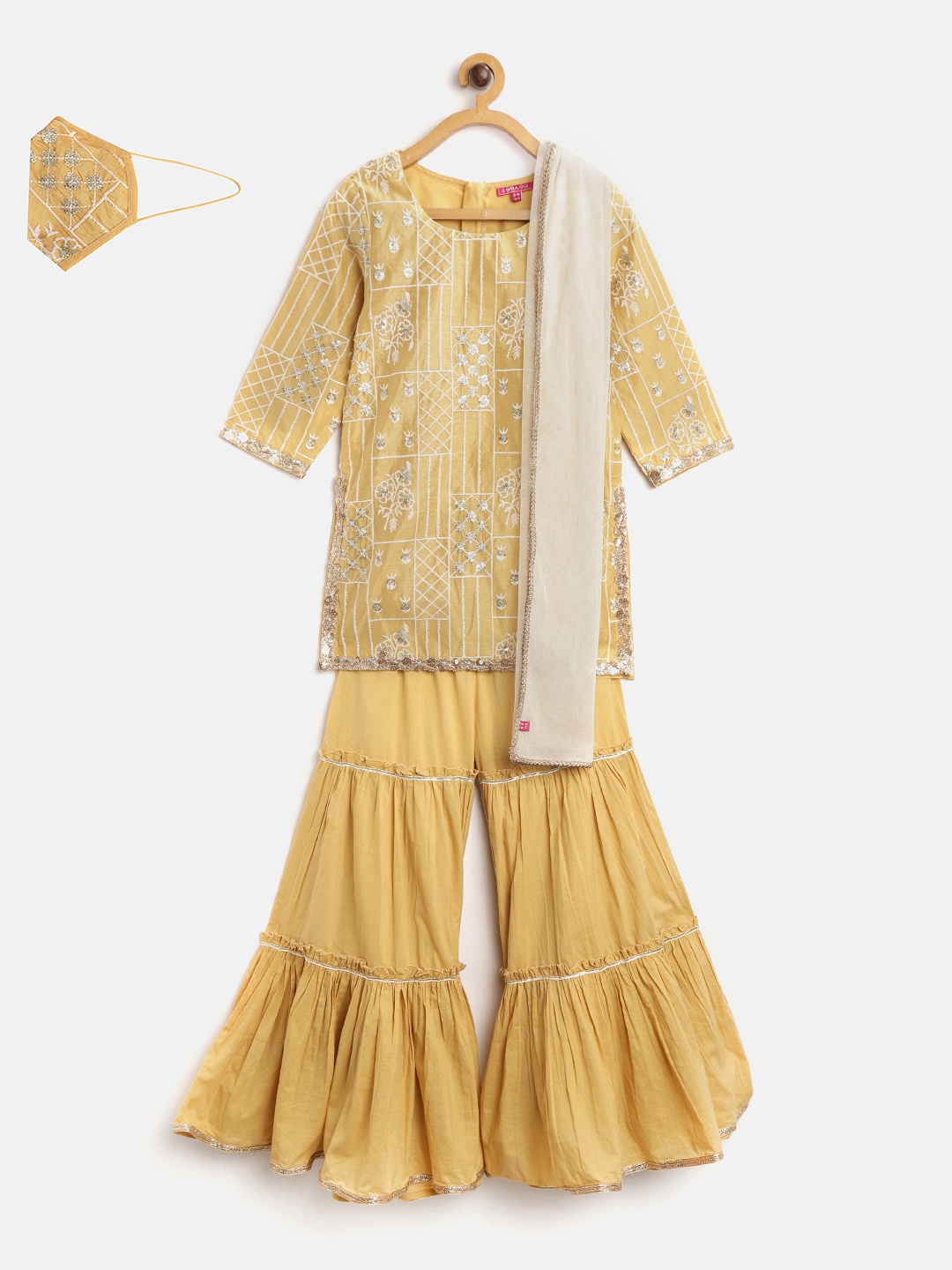 

Biba Girls Beige Golden Embroidered Kurta with Sharara Dupatta
