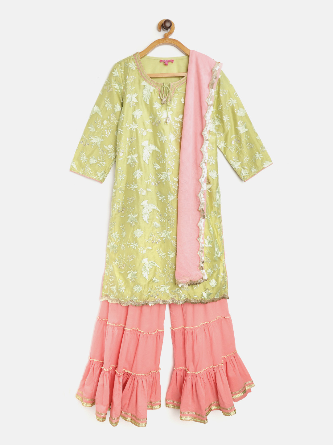 

Biba Girls Green & Pink Embroidered Kurta with Sharara & Dupatta