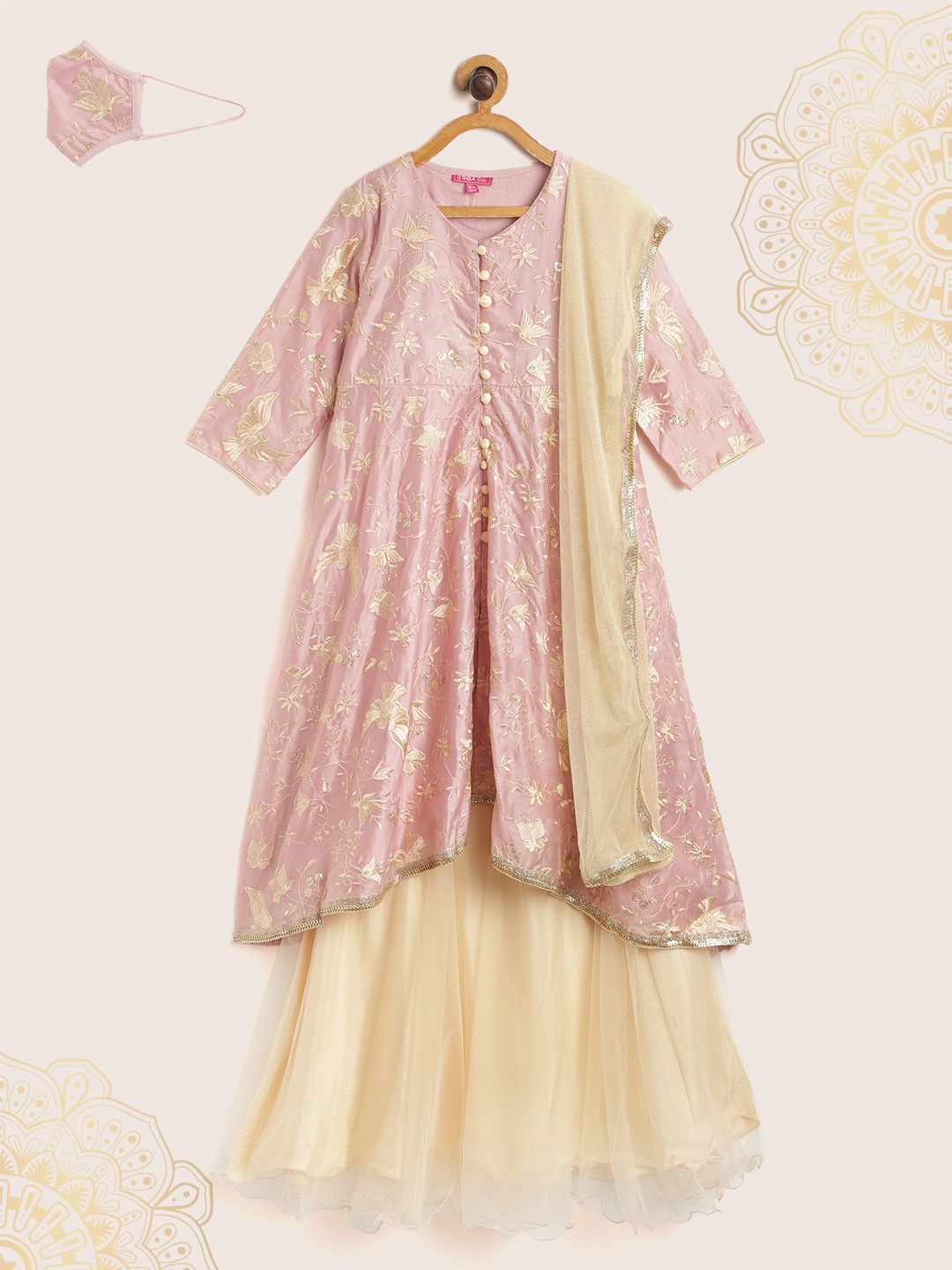 

Biba Girls Pink Ethnic Motifs Embroidered Sequinned Kurta with Skirt & Dupatta