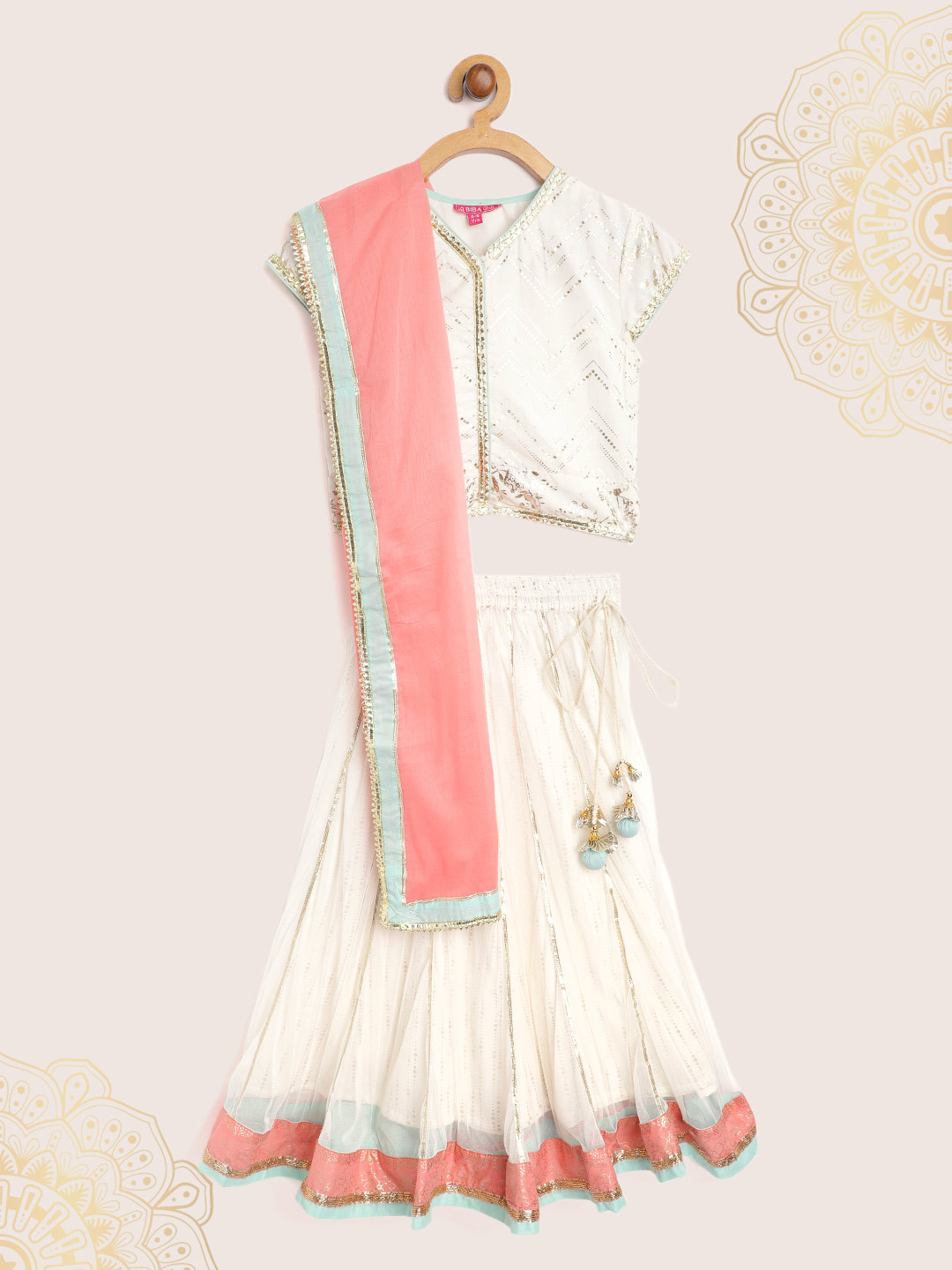 

Biba Girls White & Golden Geometric Print Ready to Wear Lehenga & Blouse With Dupatta