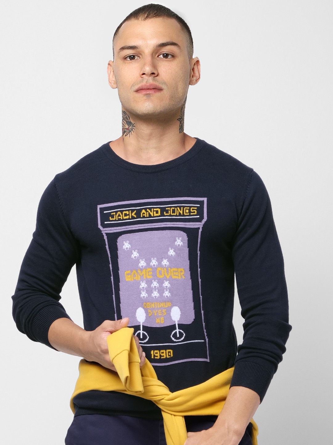 

Jack & Jones Men Navy Blue Slim Fit Self Design Pullover Sweater