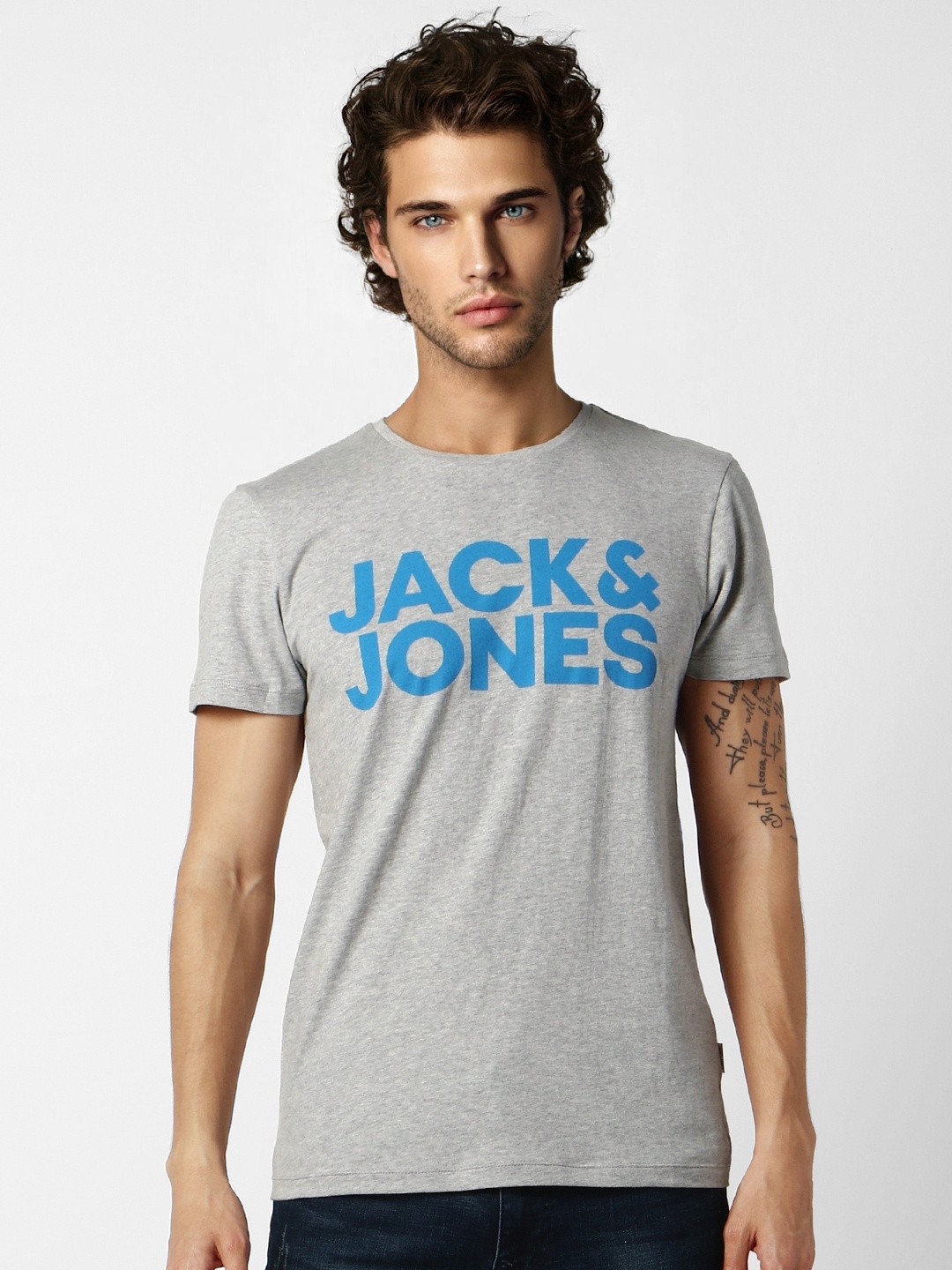 

Jack Jones Men Grey Melange Slim Fit Printed Round Neck Pure Cotton T-shirt