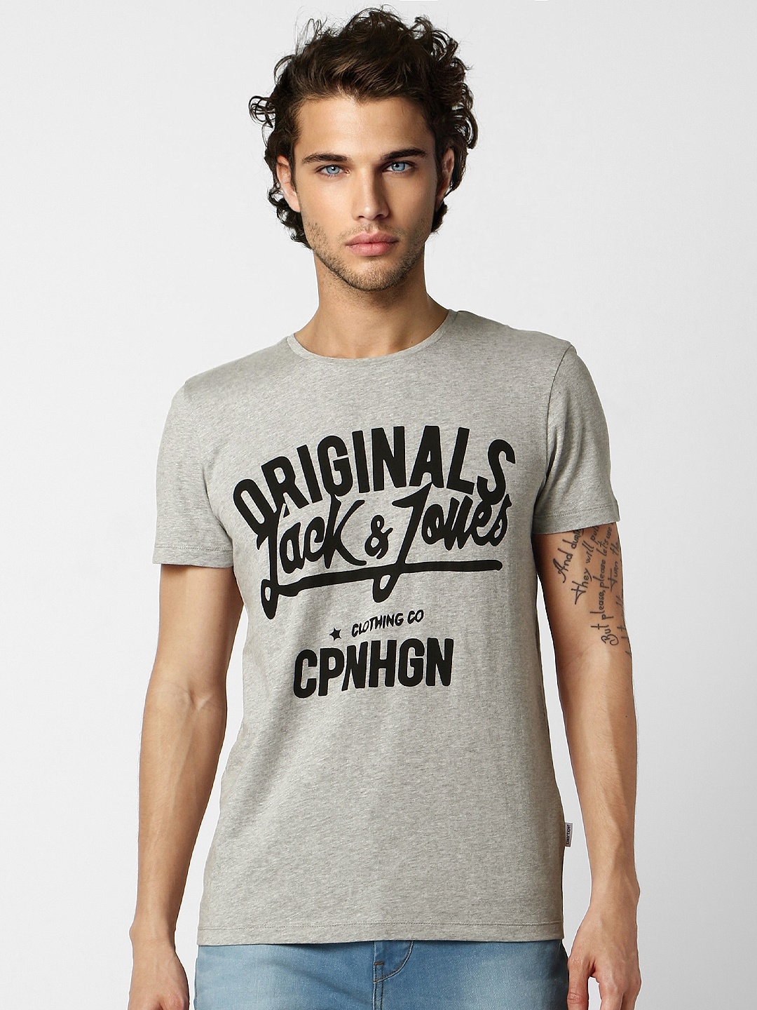 

Jack Jones Men Grey Melange Slim Fit Printed Round Neck Pure Cotton T-shirt