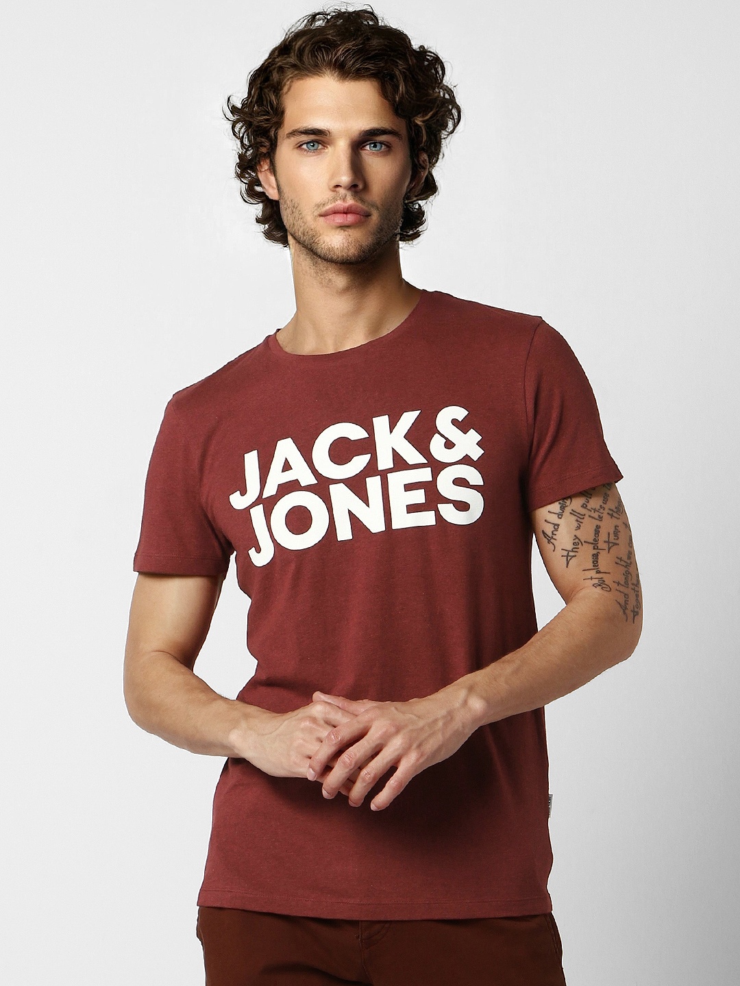 

Jack Jones Men Rust Red Slim Fit Printed Round Neck Pure Cotton T-shirt