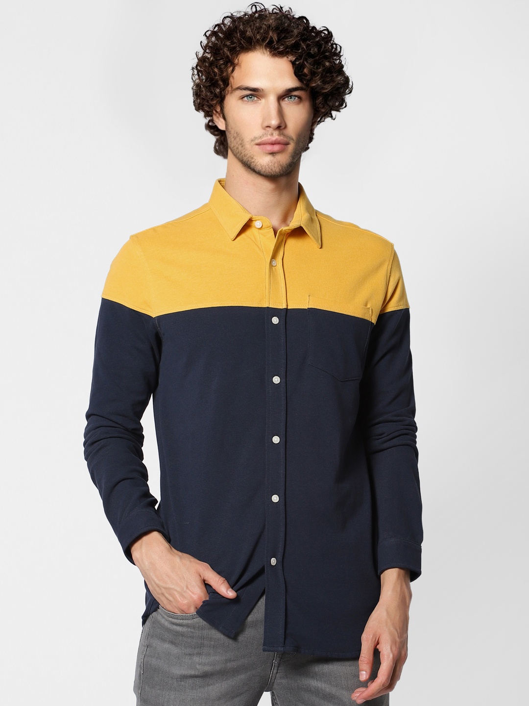 

Jack & Jones Men Navy Blue & Mustard Yellow Slim Fit Colourblocked Casual Sustainable Shirt