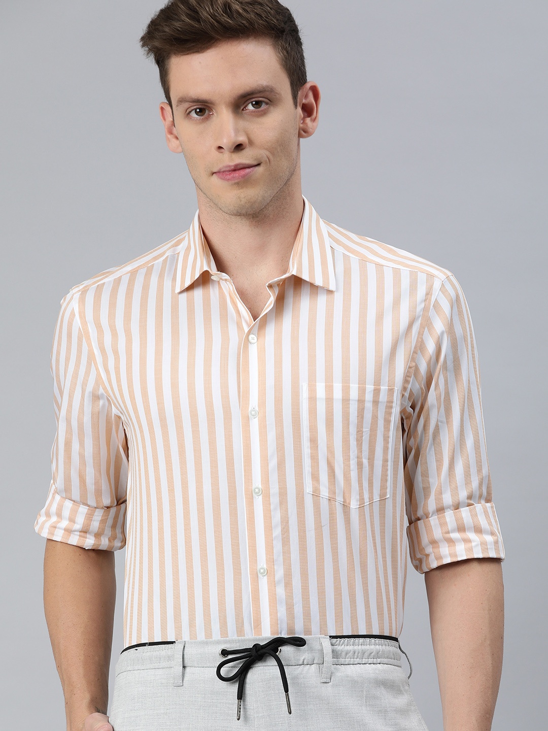 

Arrow New York Men Beige & Off-White Slim Fit Pure Cotton Striped Casual Shirt