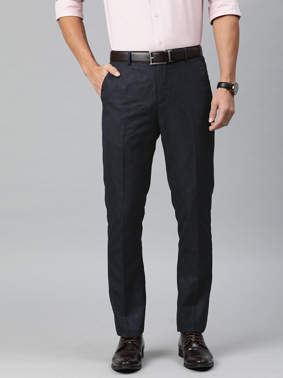 

Arrow New York Men Navy Blue Skinny Fit Self Design Formal Trousers