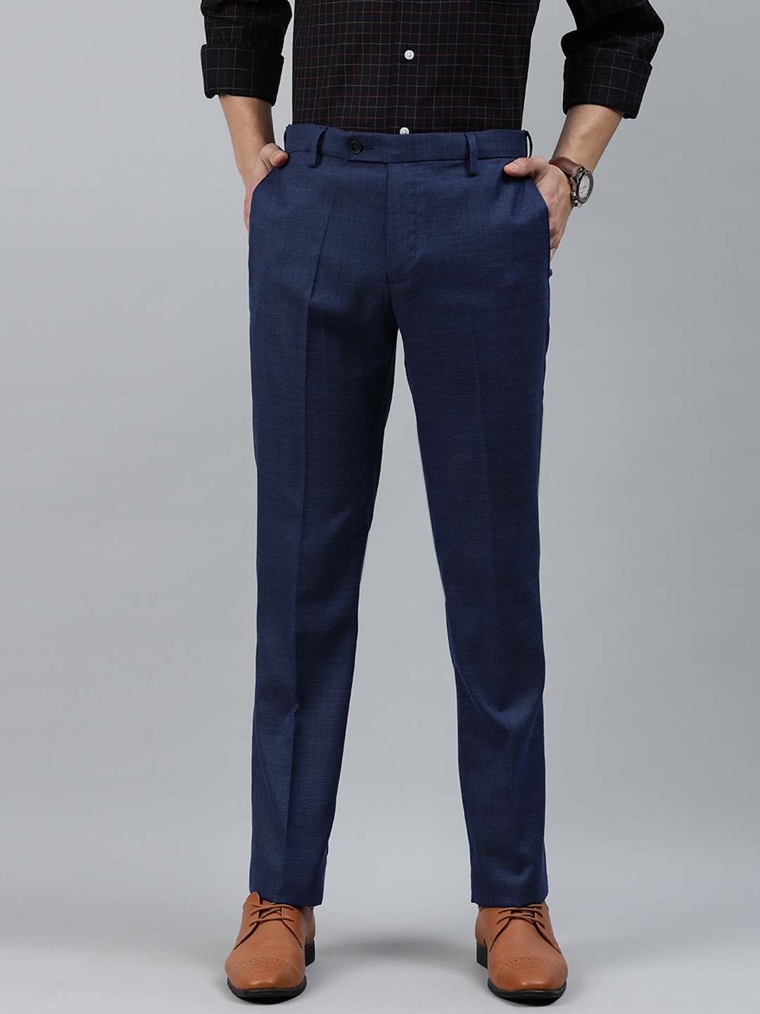 

Arrow Men Teal Blue Regular Fit Checked Formal Trousers
