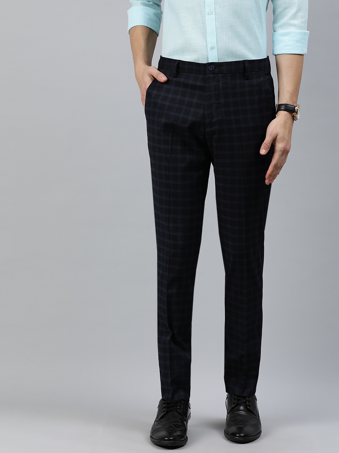 

Arrow New York Men Navy Blue Tapered Fit Checked Formal Trousers