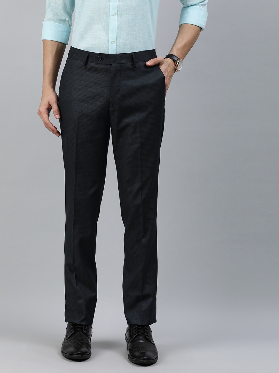 

Arrow Men Navy Blue Slim Fit Self Design Semi-Formal Trousers