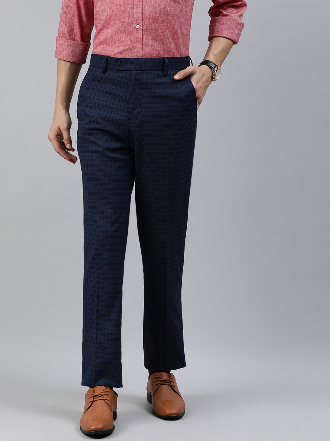 

Arrow New York Men Navy Blue Tapered Fit Checked Formal Trousers