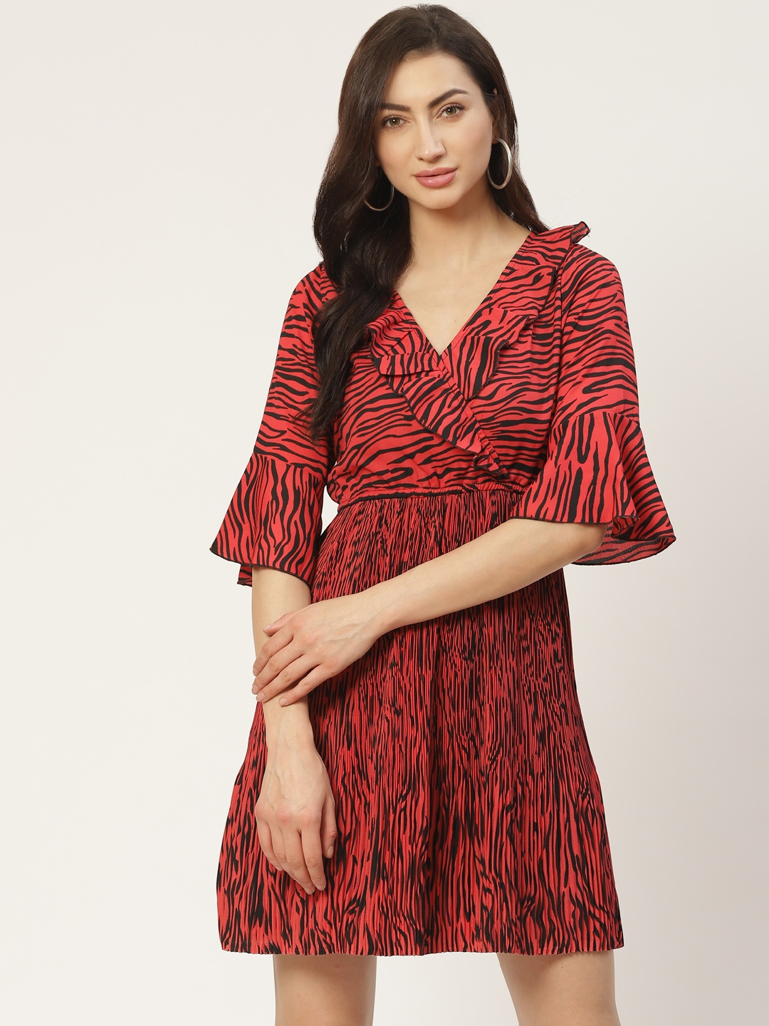 

Antheaa Women Red & Black Animal Print Accordion Pleat Wrap Dress