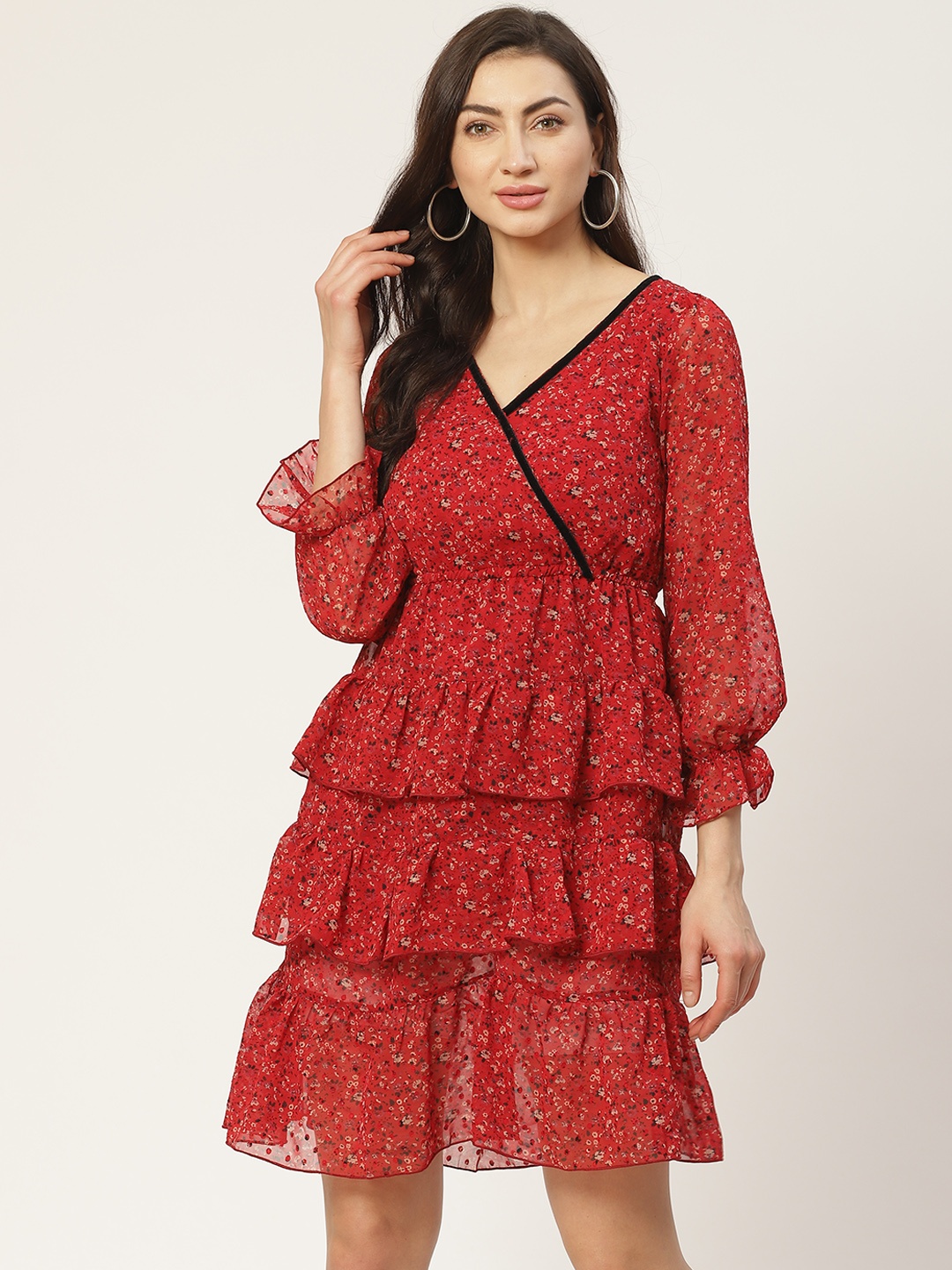 

Antheaa Women Red & Black Floral Print Tiered Wrap Dress