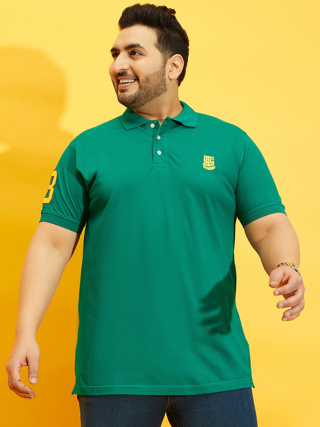 

bigbanana Men Plus Size Sea Green Solid Pure Cotton Polo Collar Pure Cotton T-shirt