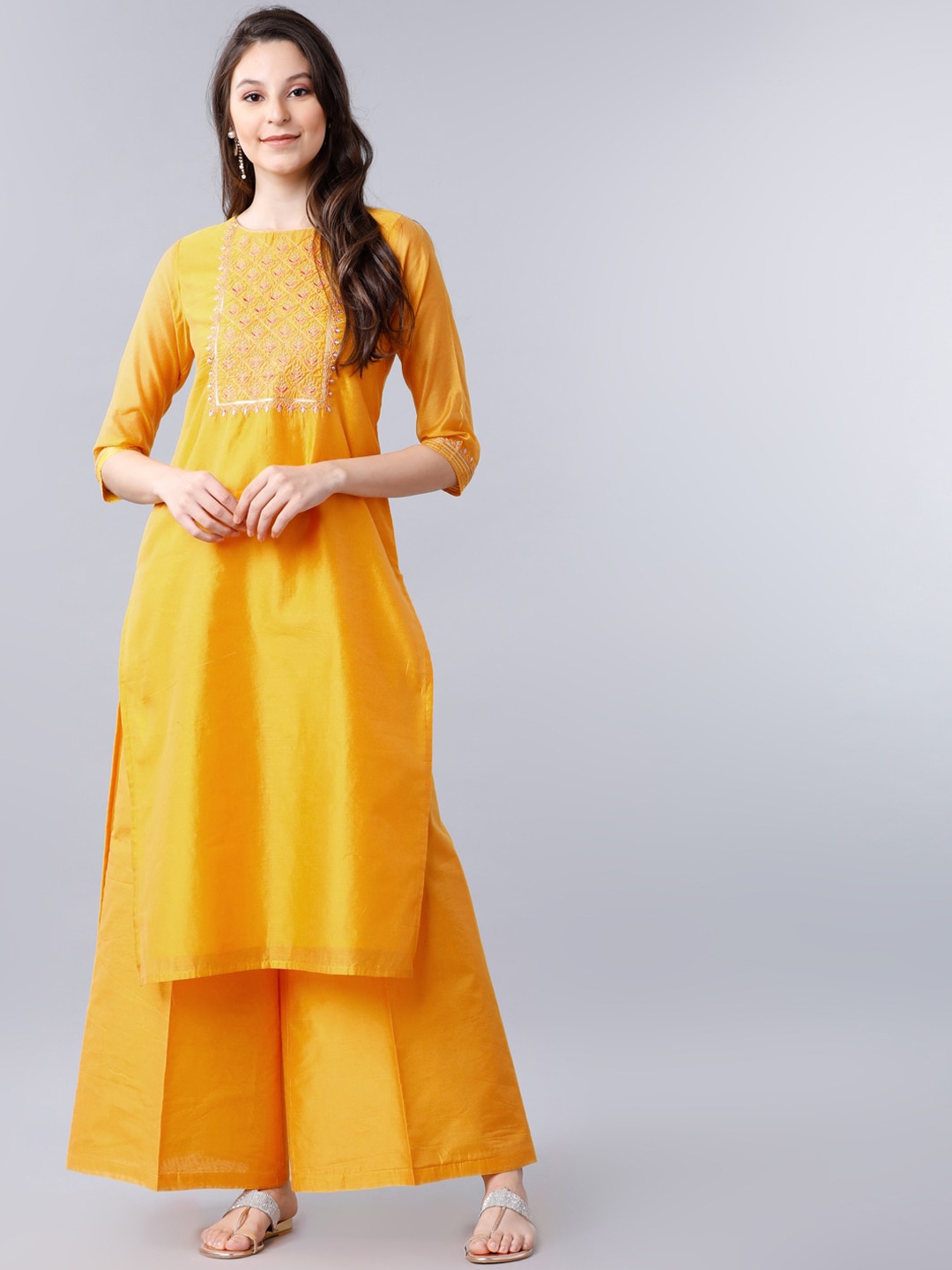 

Vishudh Women Yellow Yoke Design Kurta with Palazzos
