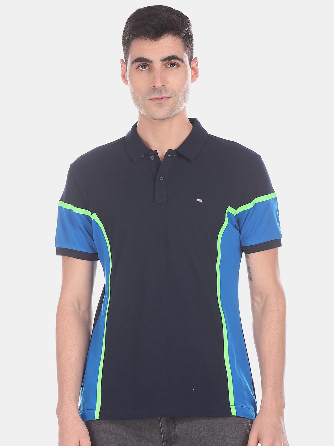 

Arrow Sport Men Blue Solid Mandarin Collar T-shirt