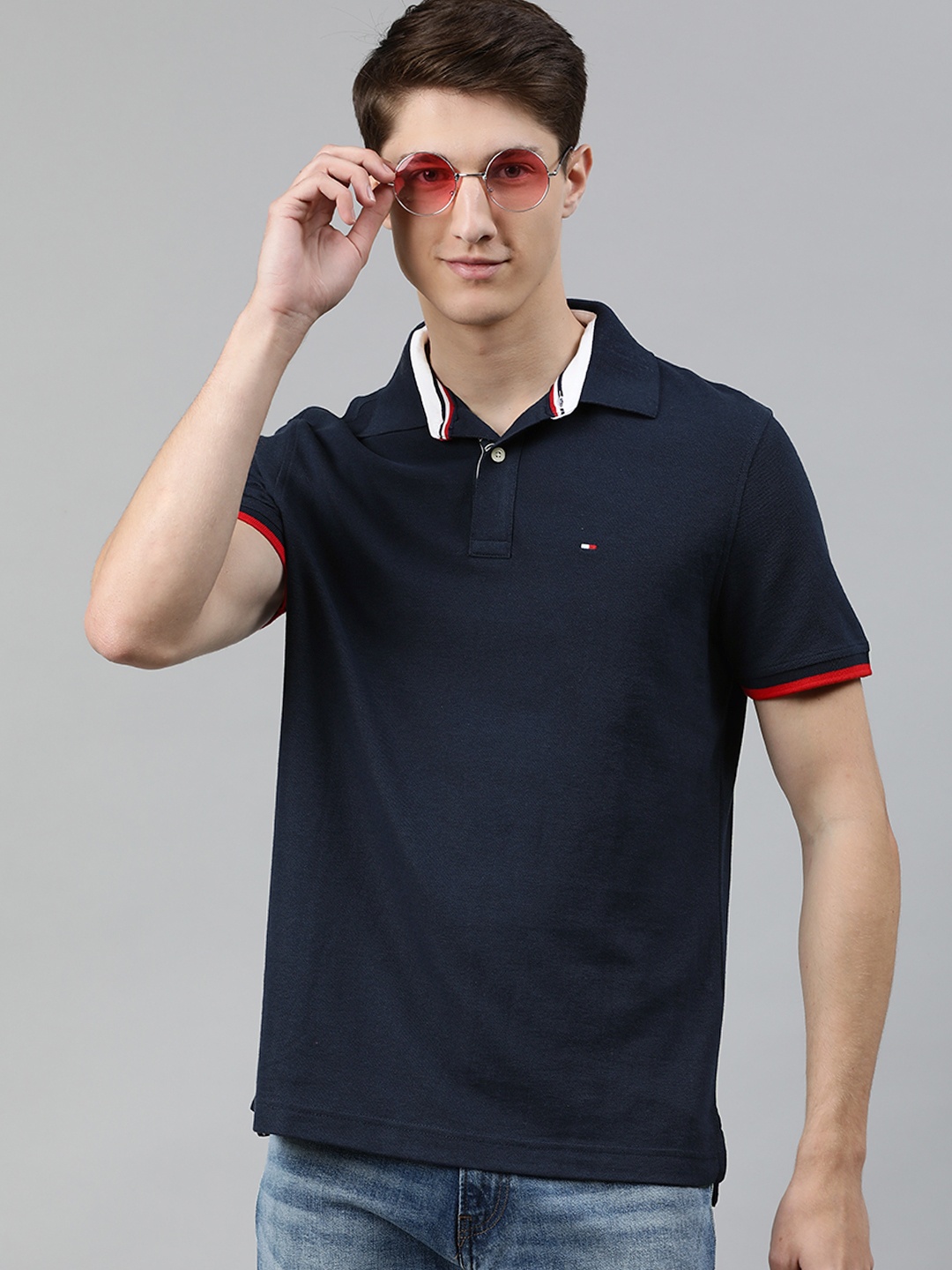

Tommy Hilfiger Men Navy Blue Solid Polo Collar Pure Cotton T-shirt