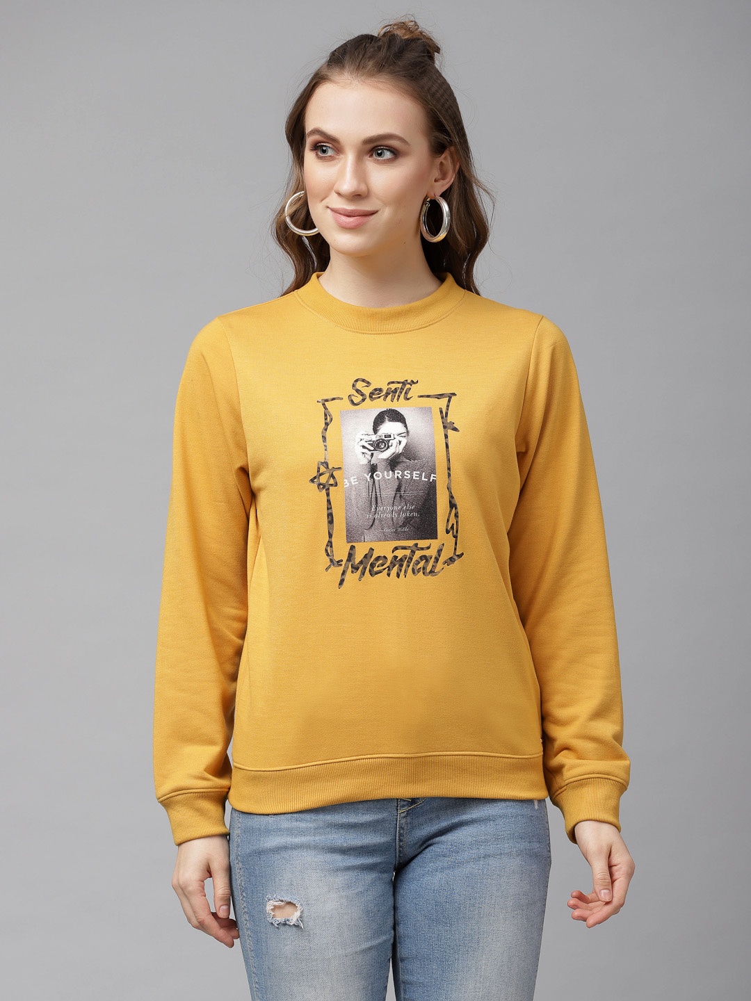 

KASSUALLY Women Mustard Yellow Printed Sweatshirt