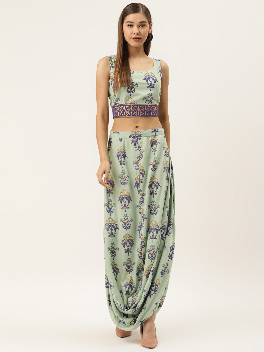 

MABISH by Sonal Jain Women Sea Green & Navy Blue Printed Top with Skirt