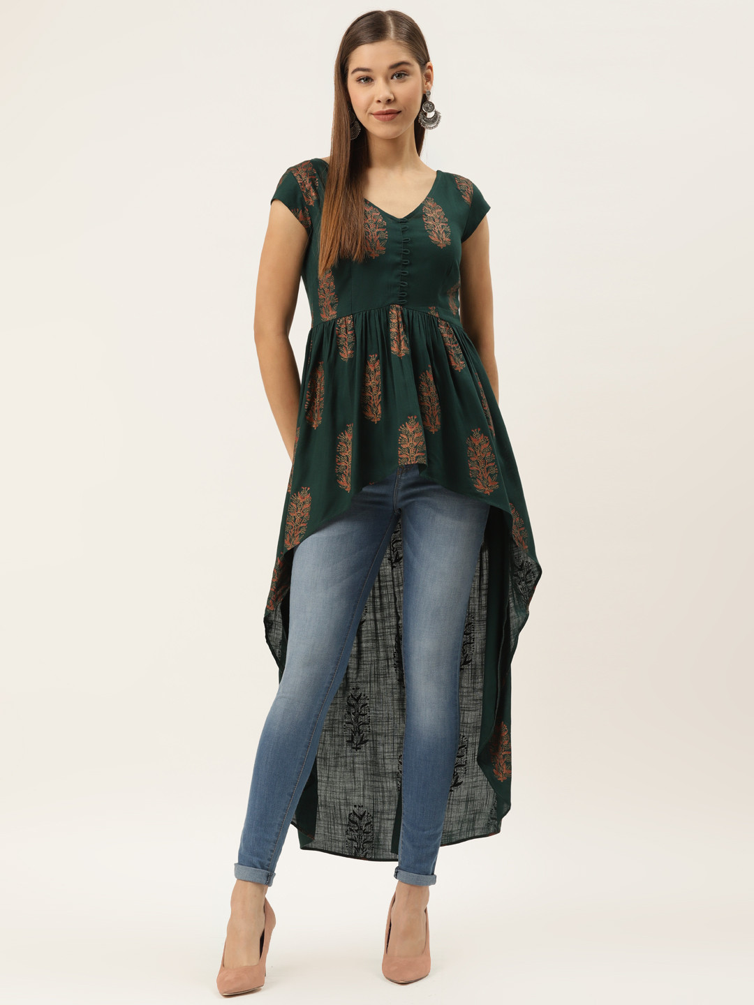 

MABISH by Sonal Jain Women Green & Red Block Printed High-Low Ethnic Tunic