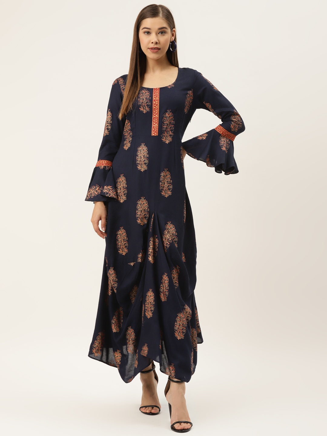 

MABISH by Sonal Jain Ethnic Print Bell Sleeves Maxi Dress, Navy blue