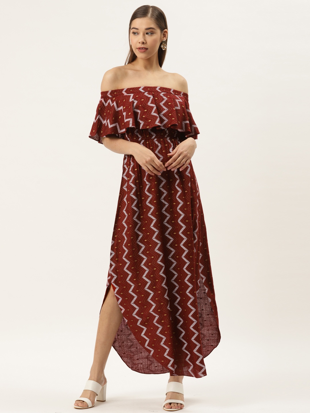 

MABISH by Sonal Jain Chevron Print Off-Shoulder Maxi Dress, Maroon