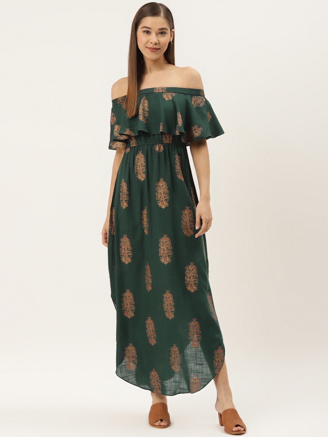 

MABISH by Sonal Jain Women Teal Green & Golden Printed Off-Shoulder Maxi Dress