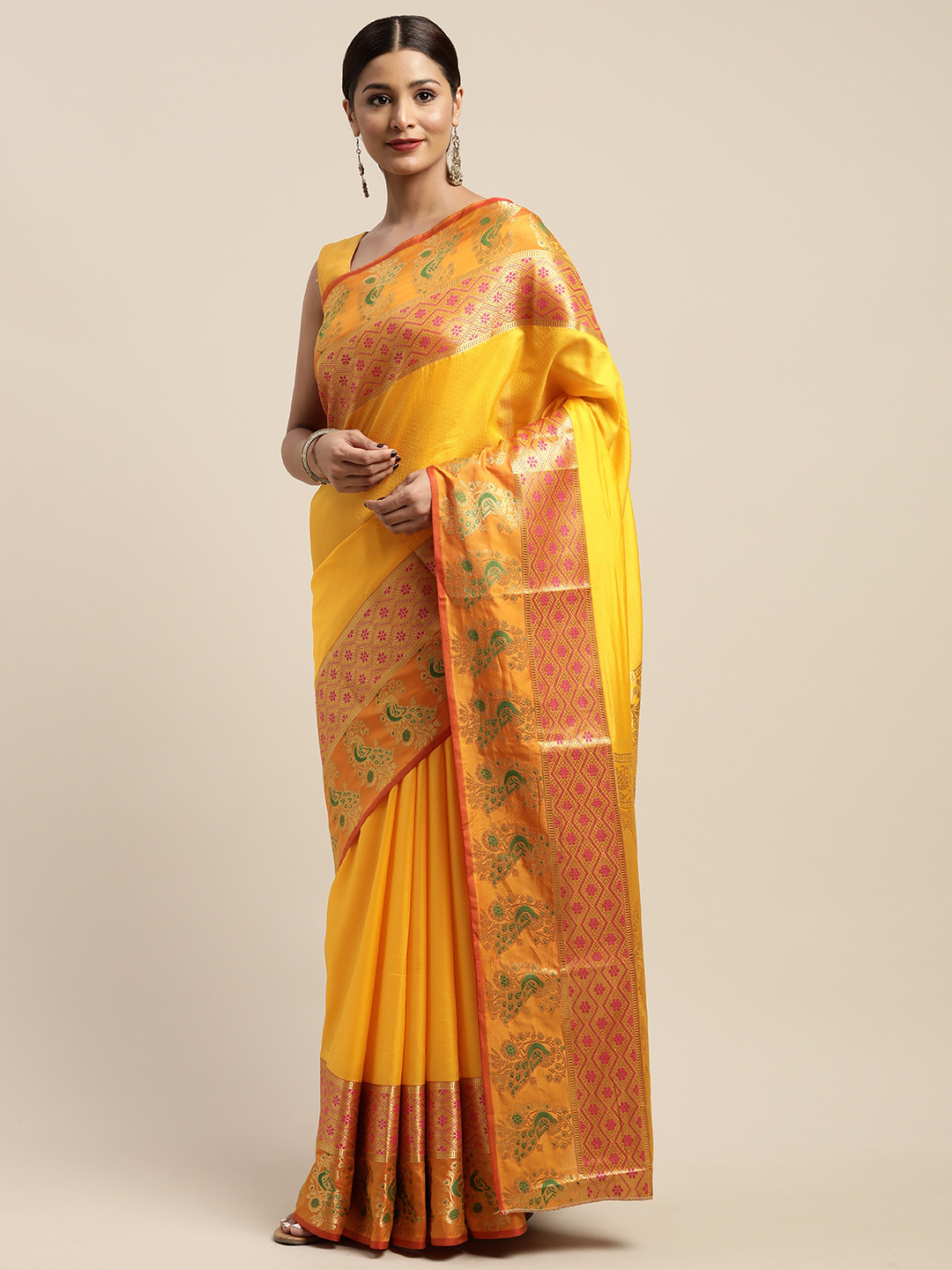 

Mitera Yellow & Green Woven Design Saree