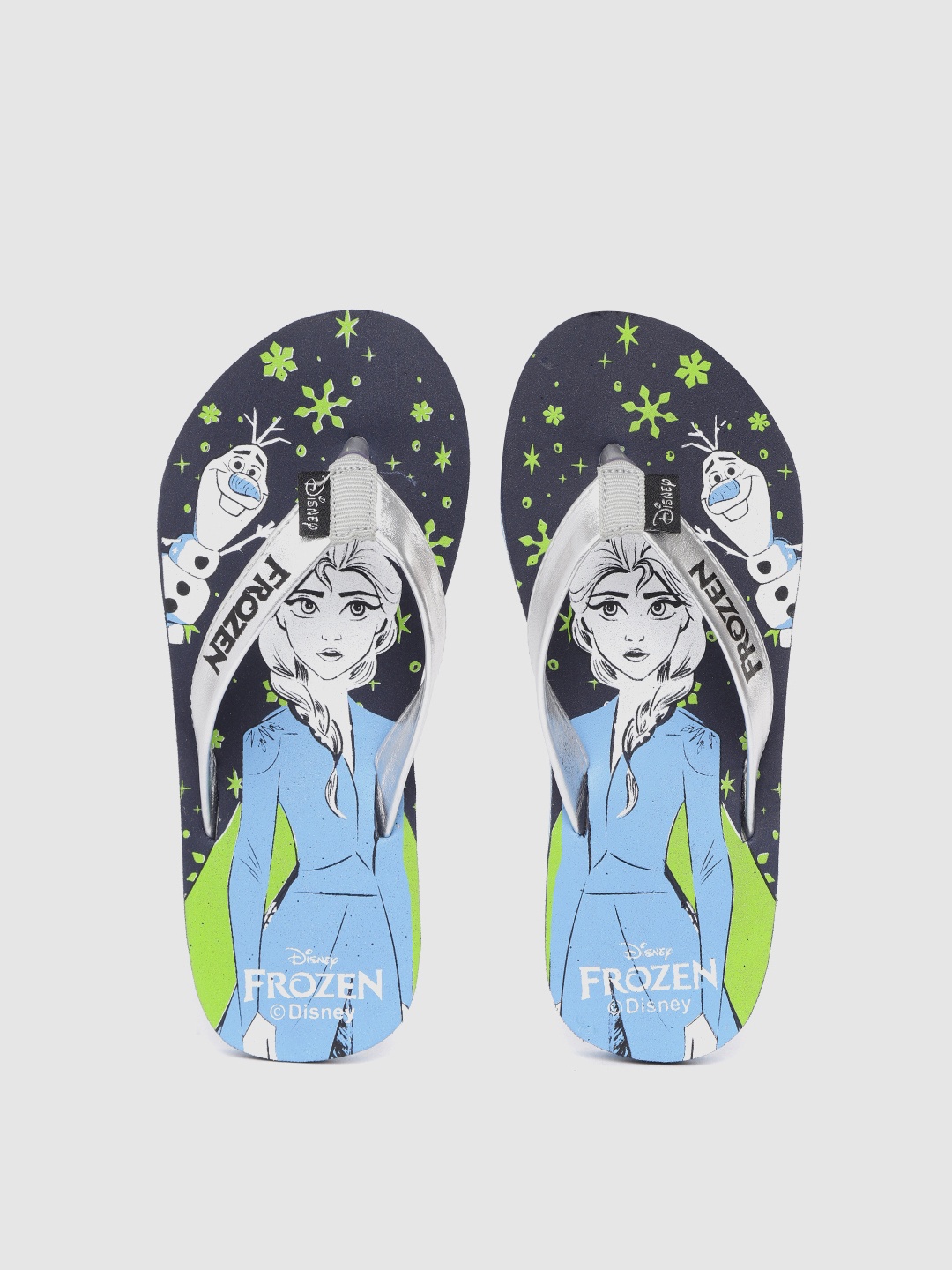 

toothless Girls Silver-Toned & Navy Blue Frozen Elsa & Olaf Print Thong Flip-Flops