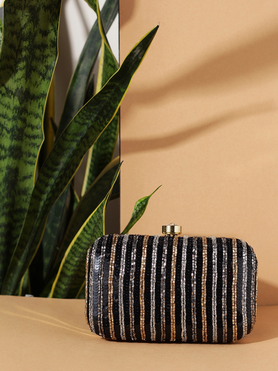 

STREET 9 Black & Gold-Toned Embellished Box Clutch