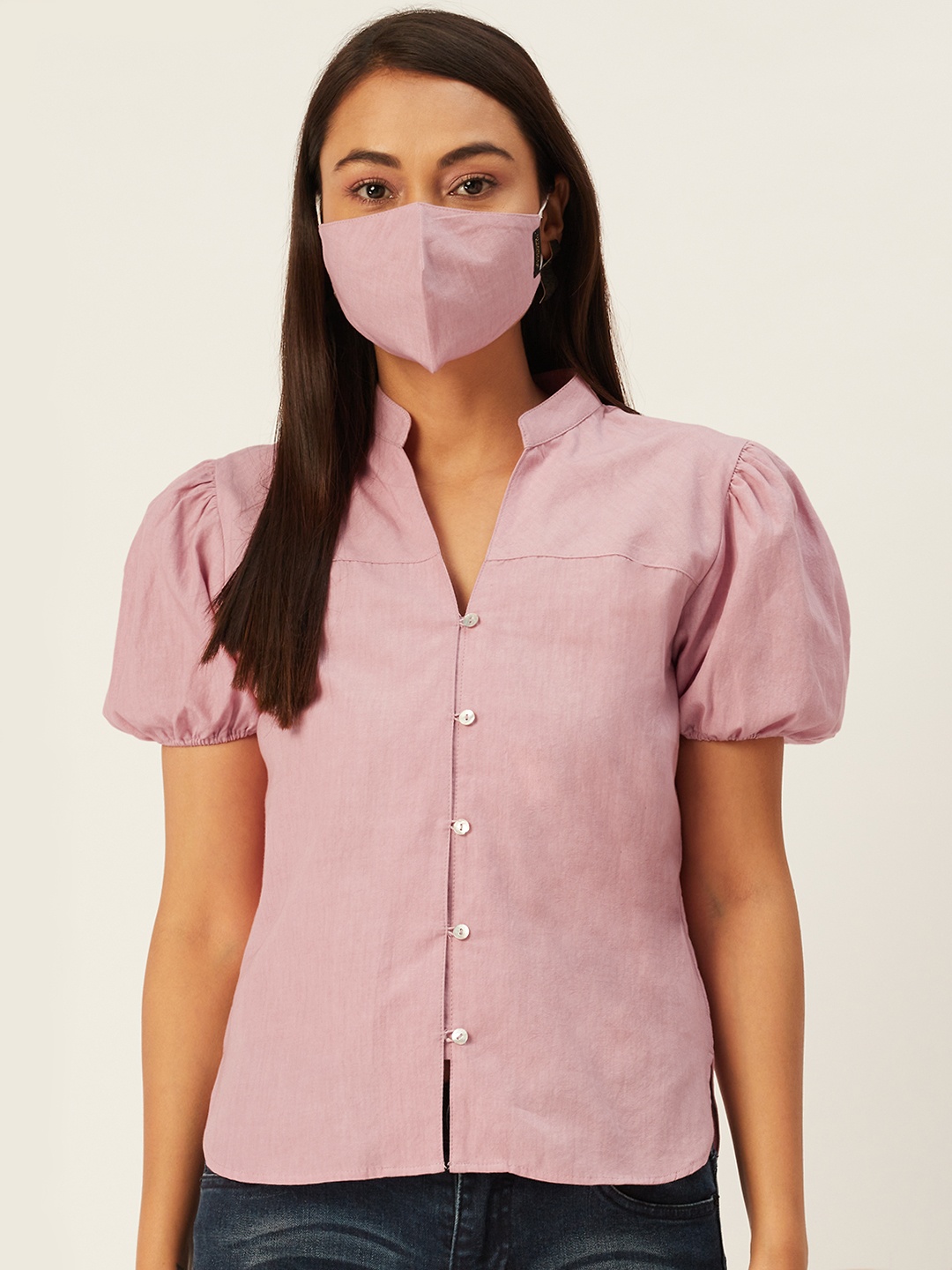 

DIVA WALK EXCLUSIVE Women Pink Solid Cotton Shirt Style Top & Mask