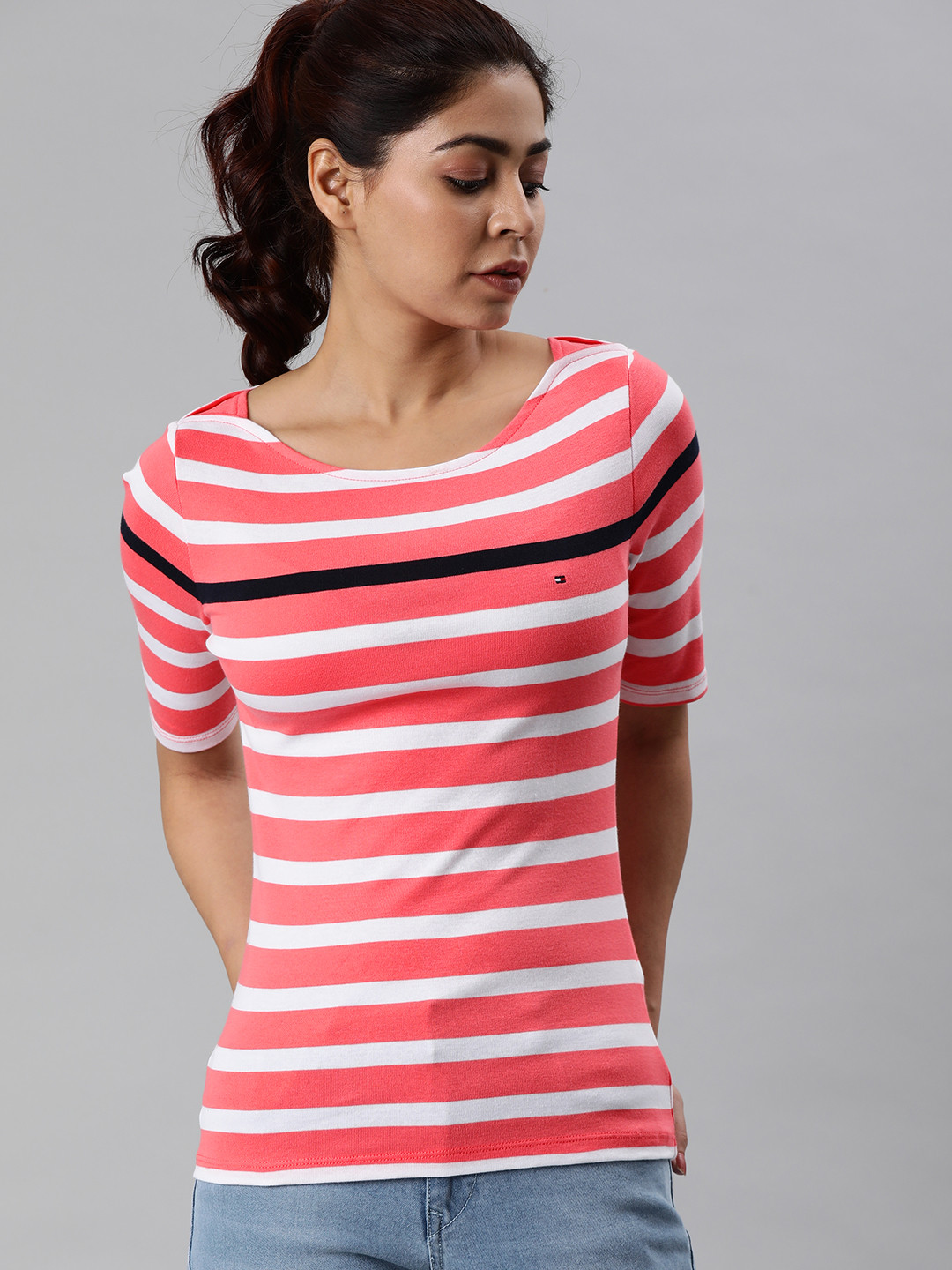 

Tommy Hilfiger Women Pink White Striped Slim Fit Boat Neck Pure Cotton T-shirt