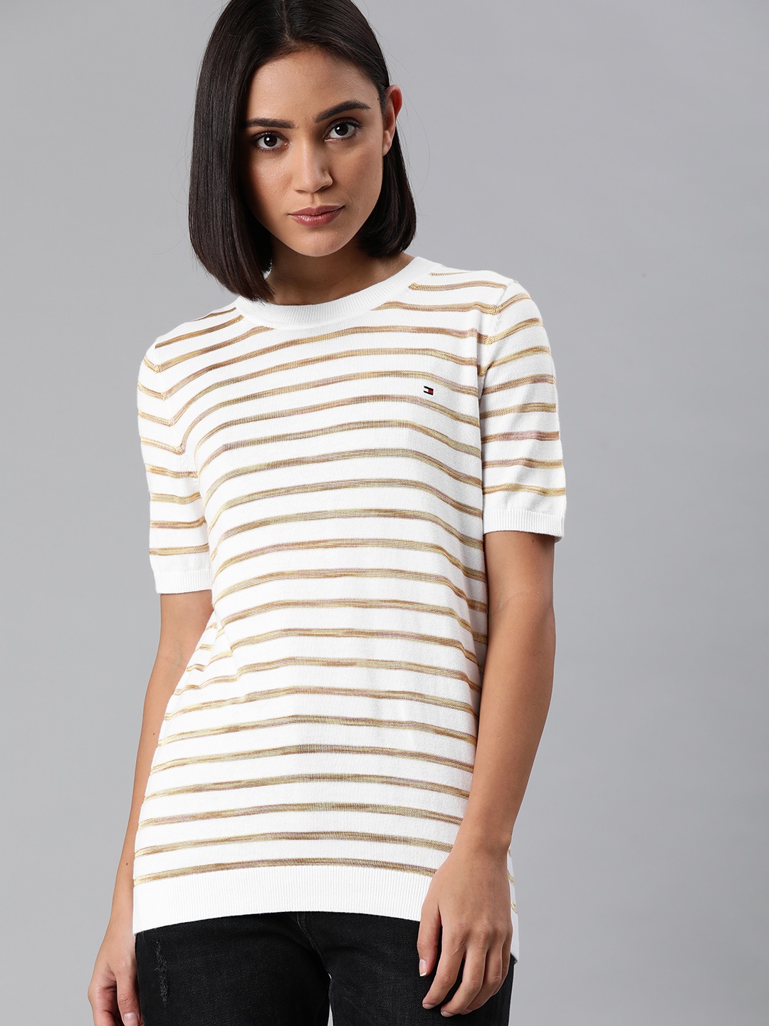 

Tommy Hilfiger Women White & Beige Striped Round Neck T-shirt