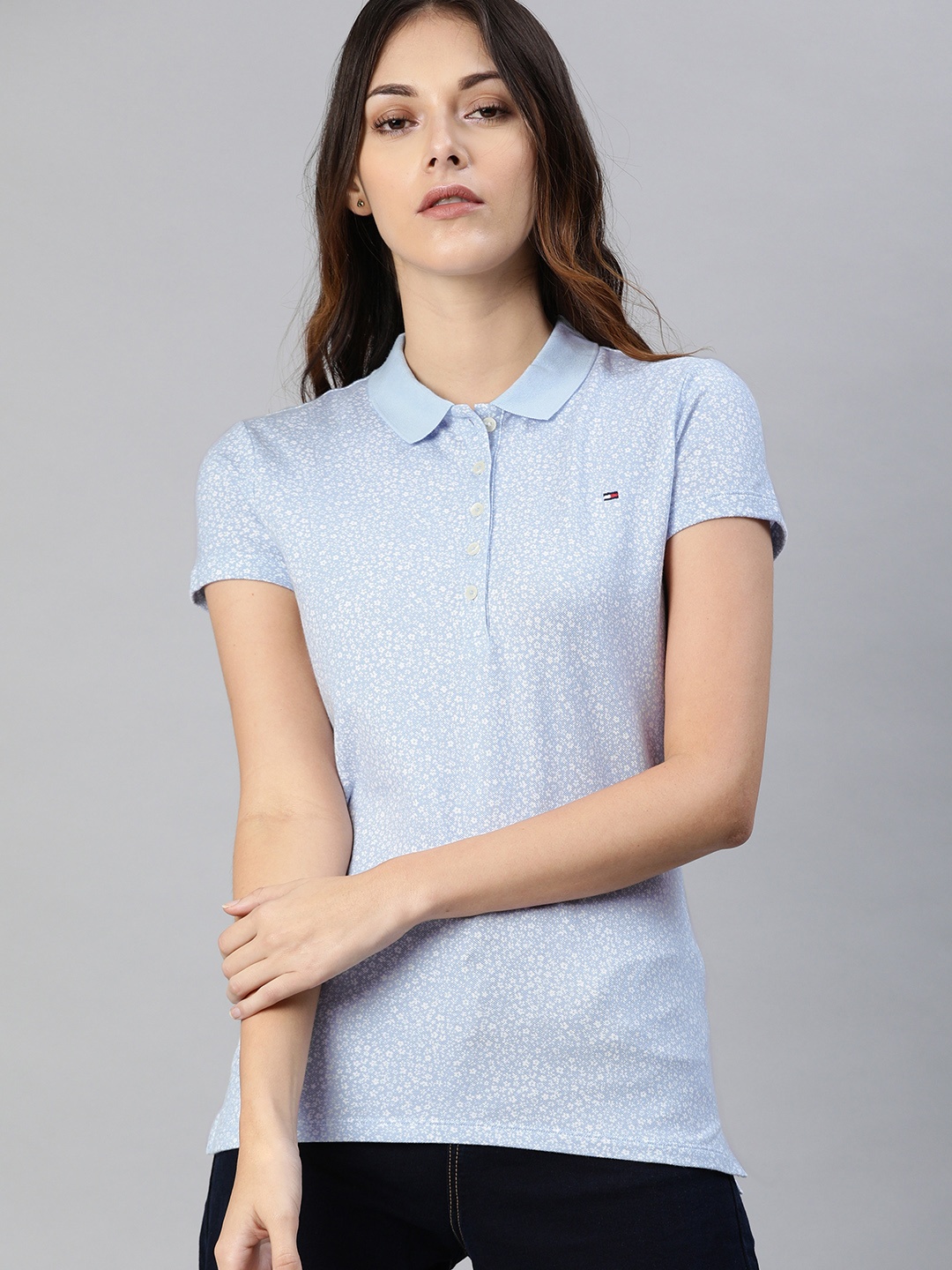 

Tommy Hilfiger Women Blue Printed Polo Collar T-shirt