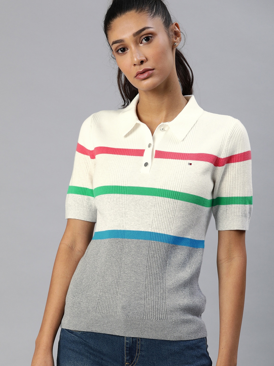 

Tommy Hilfiger Women Off-White Grey Striped Polo Collar Pure Cotton T-shirt